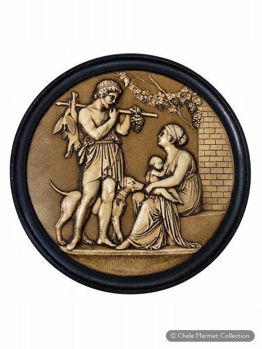 Round relief medallion in a dark frame: a man carrying game and grapes on a pole stands with a dog beside a seated woman holding a baby at her breast, under a grapevine.
