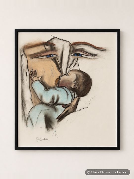Framed chalk drawing of a mother bent over a nursing baby.