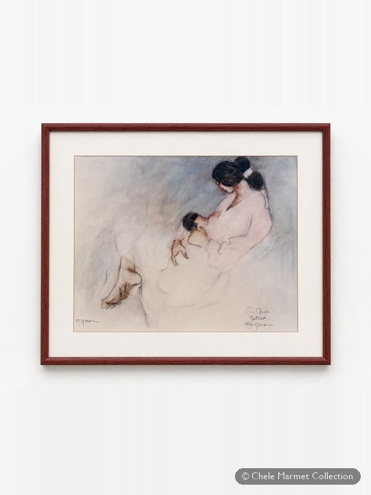 Framed print of a woman in a flowing pink garment cradling a baby.