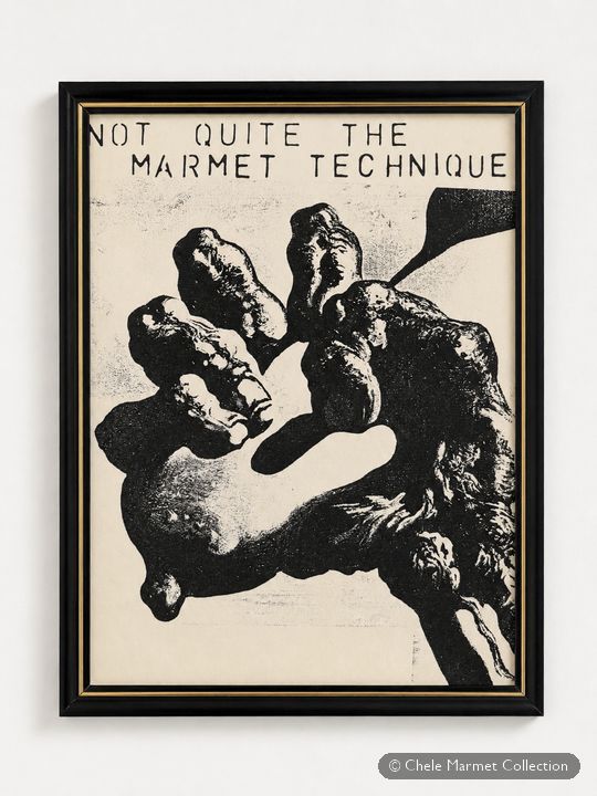 Framed black-and-white print of large, gnarled hands, lettered “Not quite the Marmet technique.”