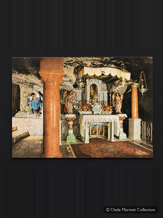 Postcard of an ornate chapel carved into rock, with columns and an altar.